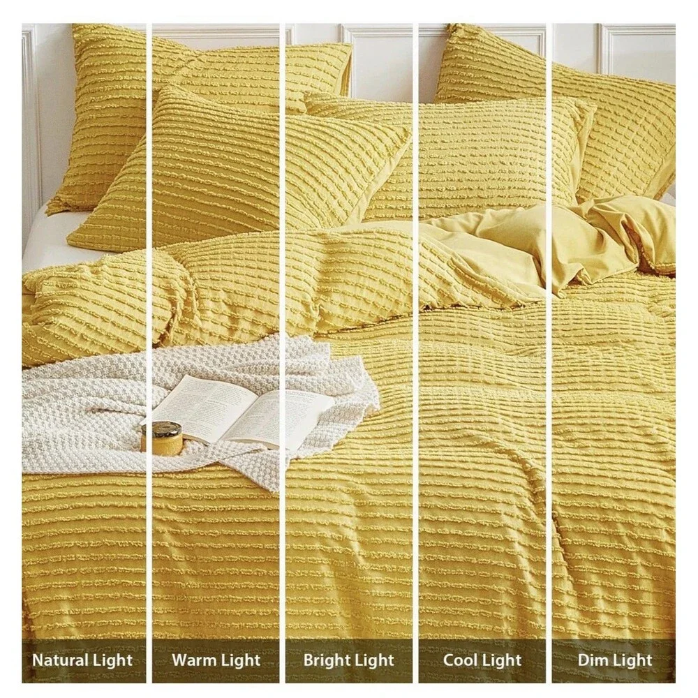 WARMDERN Yellow Boho Duvet Cover Set Twin Size, Striped Textured Duvet Cover